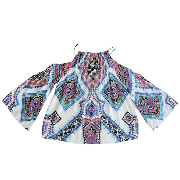 Hale Bob Fumiko Cold Shoulder Blouse Size Small Bell Sleeve Multicolor Boho - Picture 7 of 9